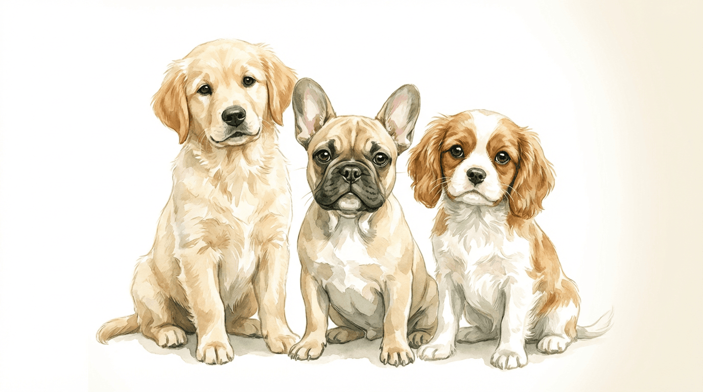 Golden Retriever, French Bulldog, and Cavalier King Charles Spaniel